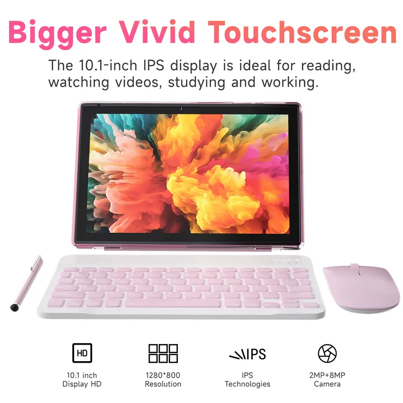 Android 15.0 Tablet 10.1" 20GB RAM 128GB Keyboard Bundle Pink