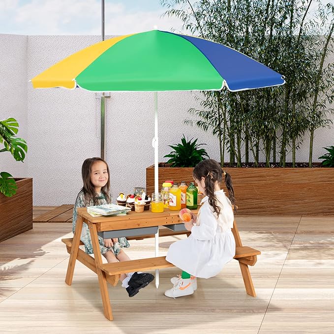 Costzon 4-in-1 Wooden Kids Picnic Table with Sensory Bins and Adjustable Umbrella