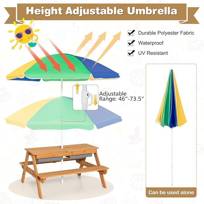 Costzon 4-in-1 Wooden Kids Picnic Table with Sensory Bins and Adjustable Umbrella