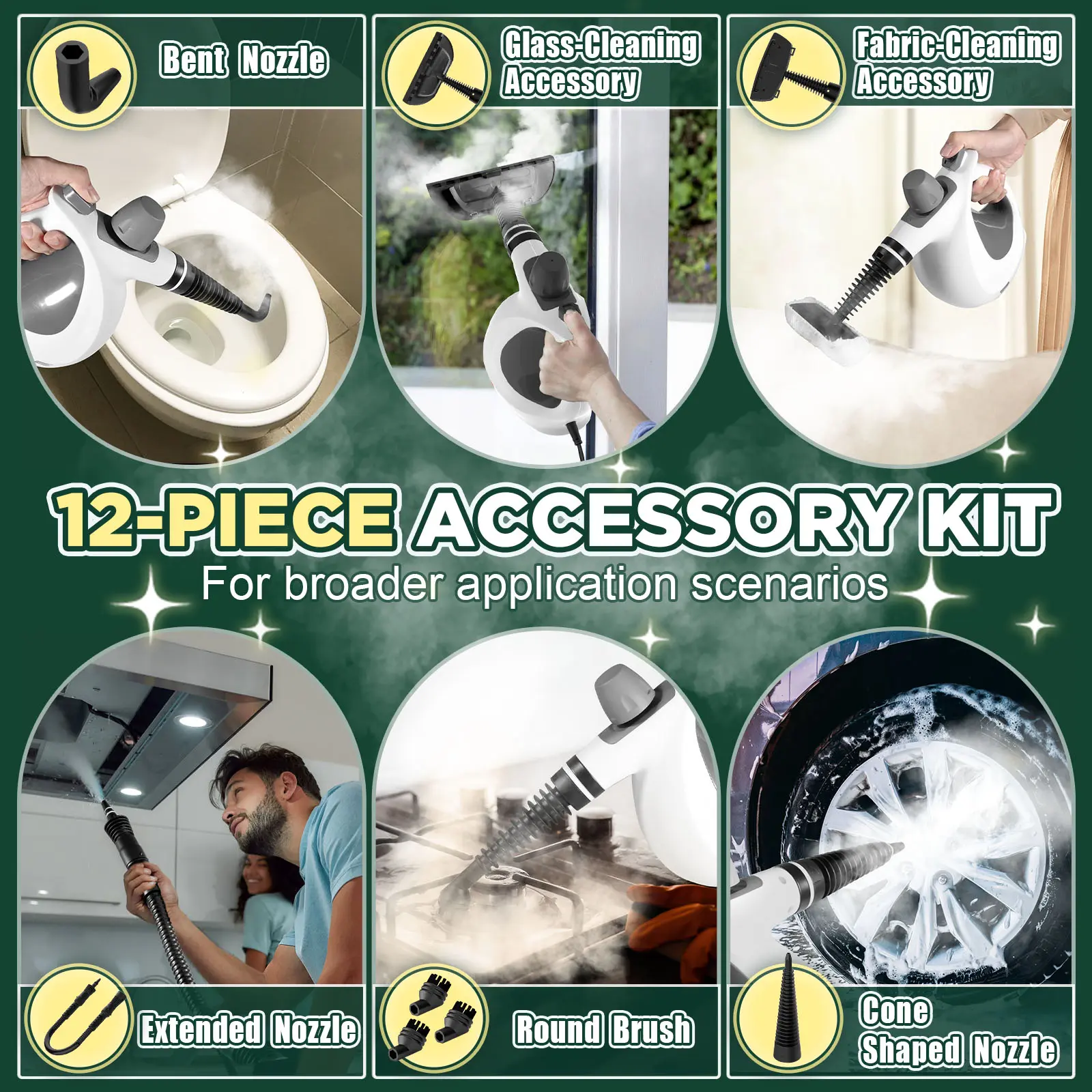 Handheld Pressurized Steam Cleaner 11 Piece Accessory Set Multi Surface All Natural Cleaning