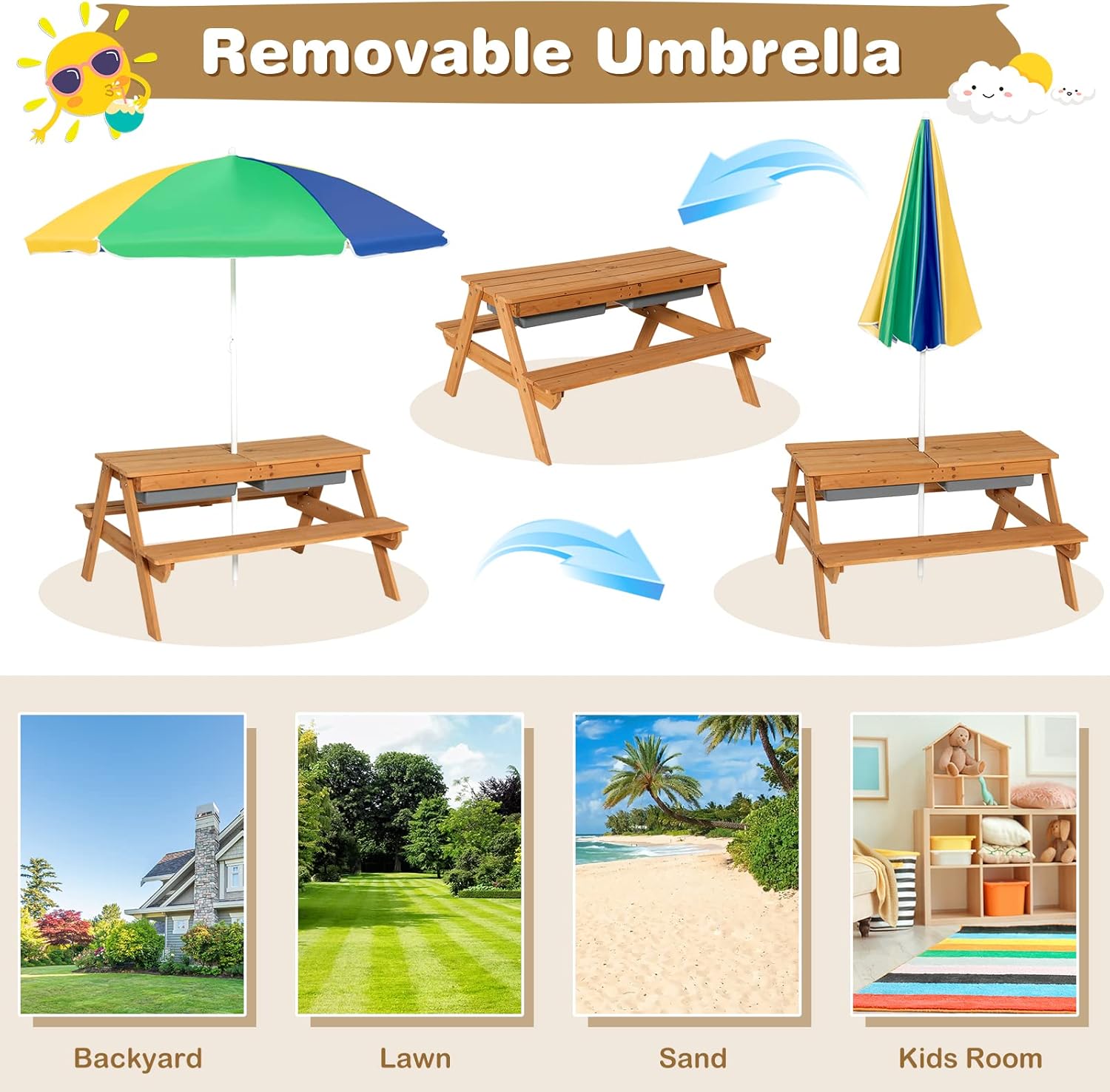 Costzon 4-in-1 Wooden Kids Picnic Table with Sensory Bins and Adjustable Umbrella