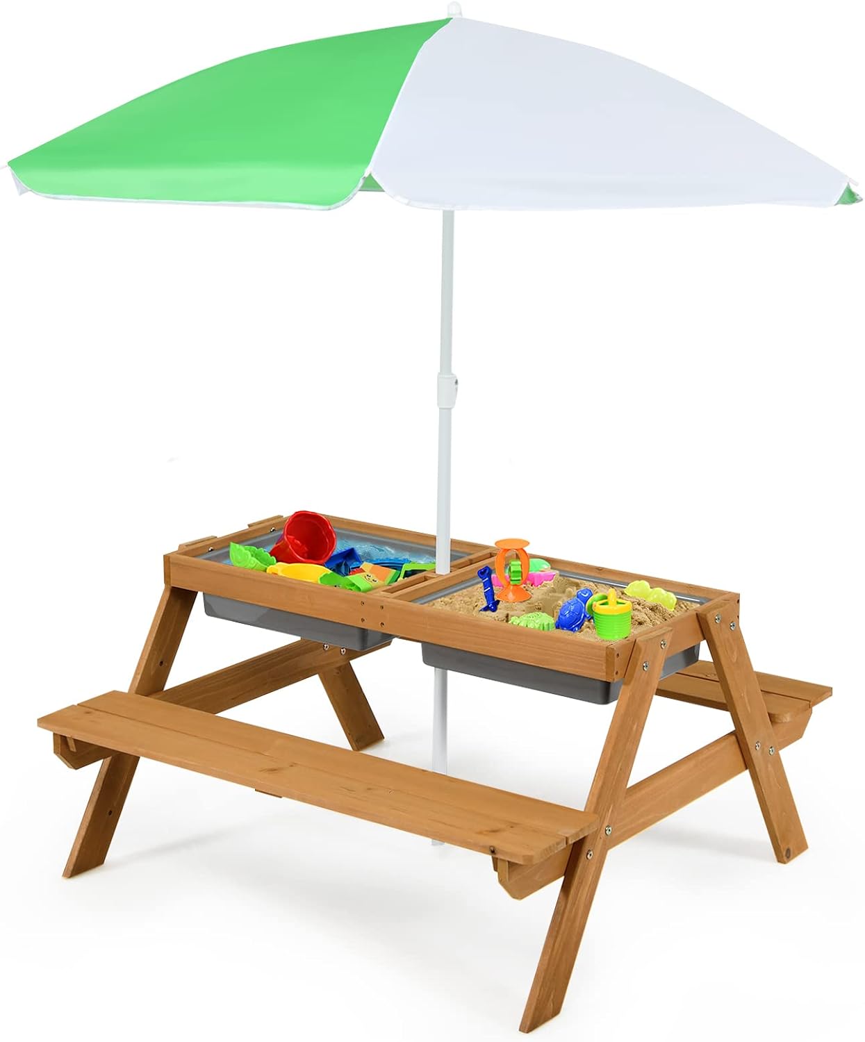 Costzon Kids Picnic Table with Sensory Bins, 4 in 1 Sand and Water Table with Height Adjustable Umbrella, Removable Tabletop, Wooden Kids Outdoor Table for Backyard Patio Play