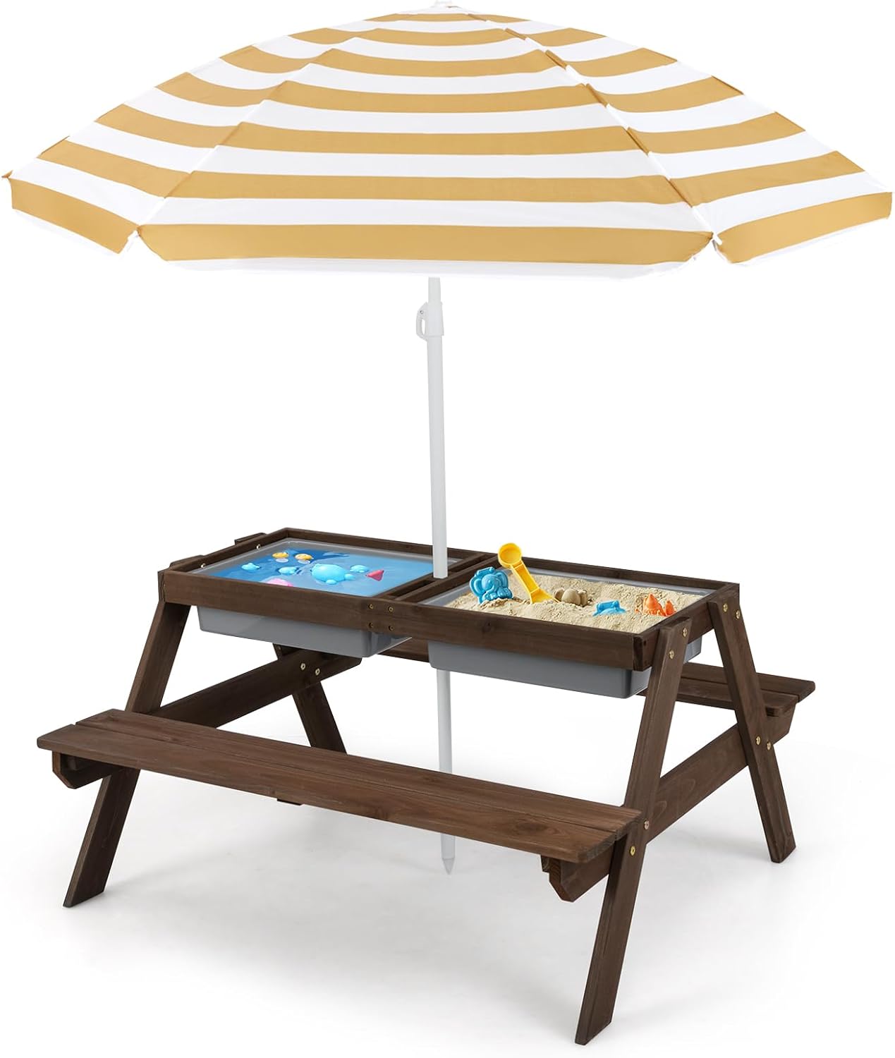 Costzon Kids Picnic Table with Sensory Bins, 4 in 1 Sand and Water Table with Height Adjustable Umbrella, Removable Tabletop, Wooden Kids Outdoor Table for Backyard Patio Play