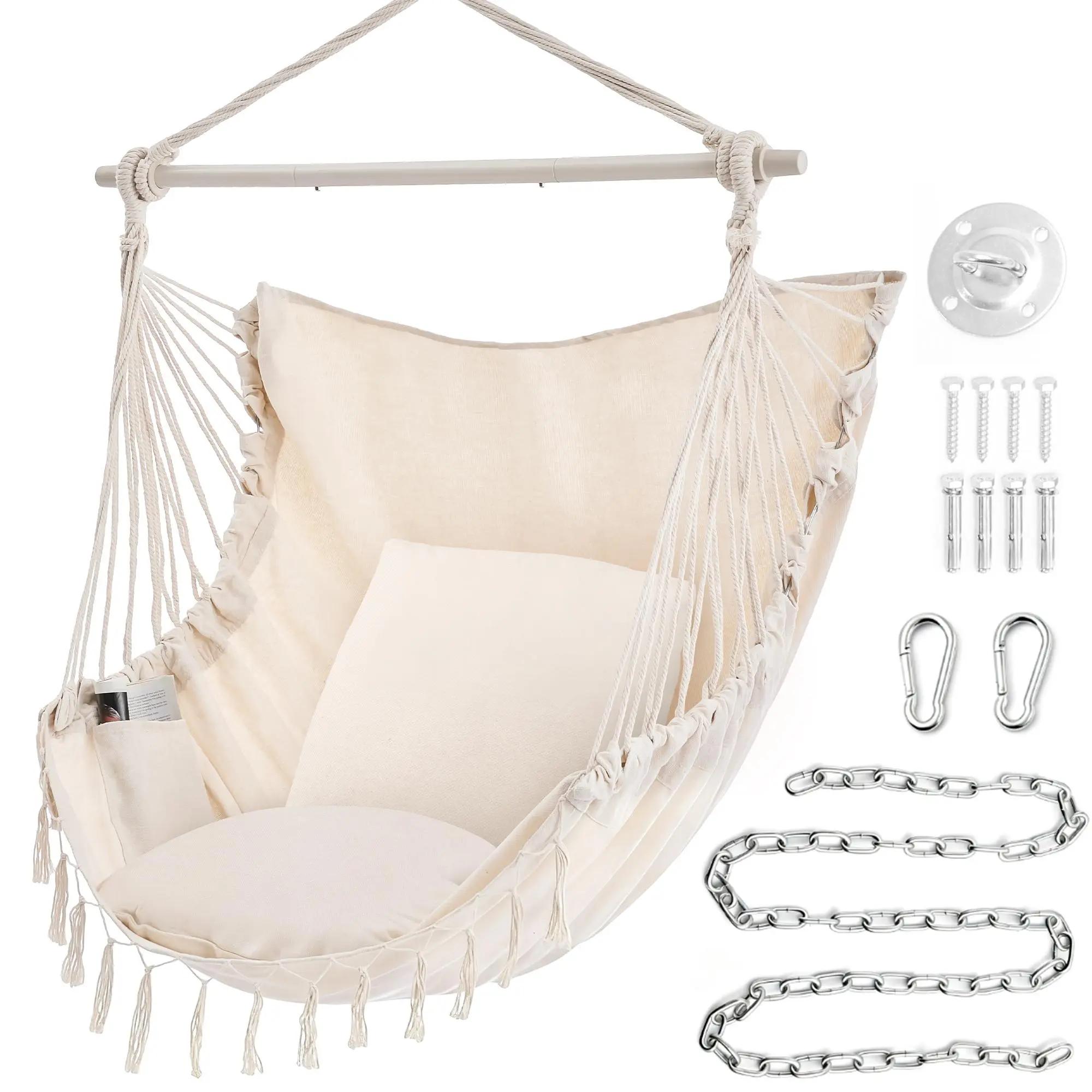 Velvet Cotton Hammock Chair with 2 Cushions - Elegant Fringe Swing for Indoor & Outdoor