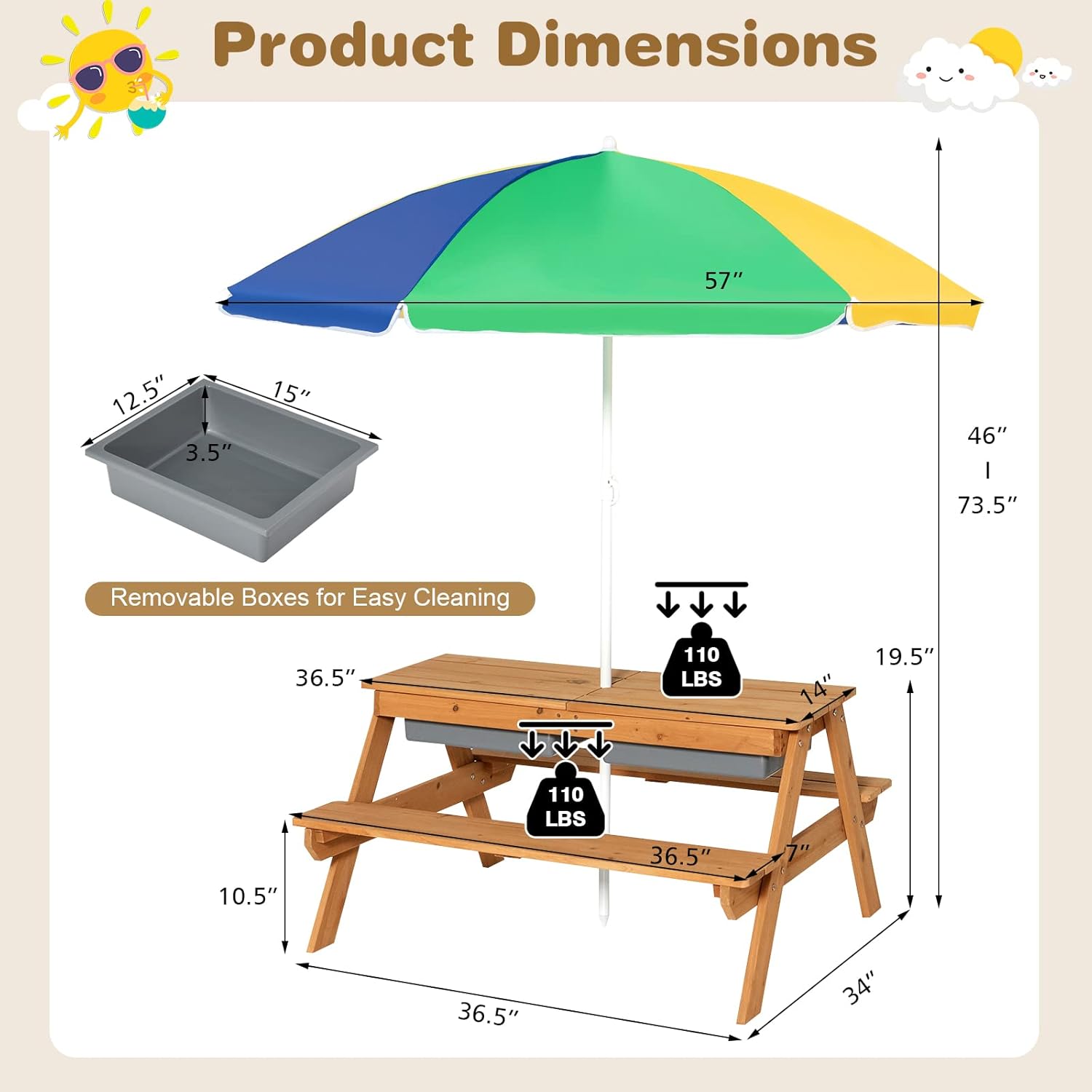 Costzon 4-in-1 Wooden Kids Picnic Table with Sensory Bins and Adjustable Umbrella