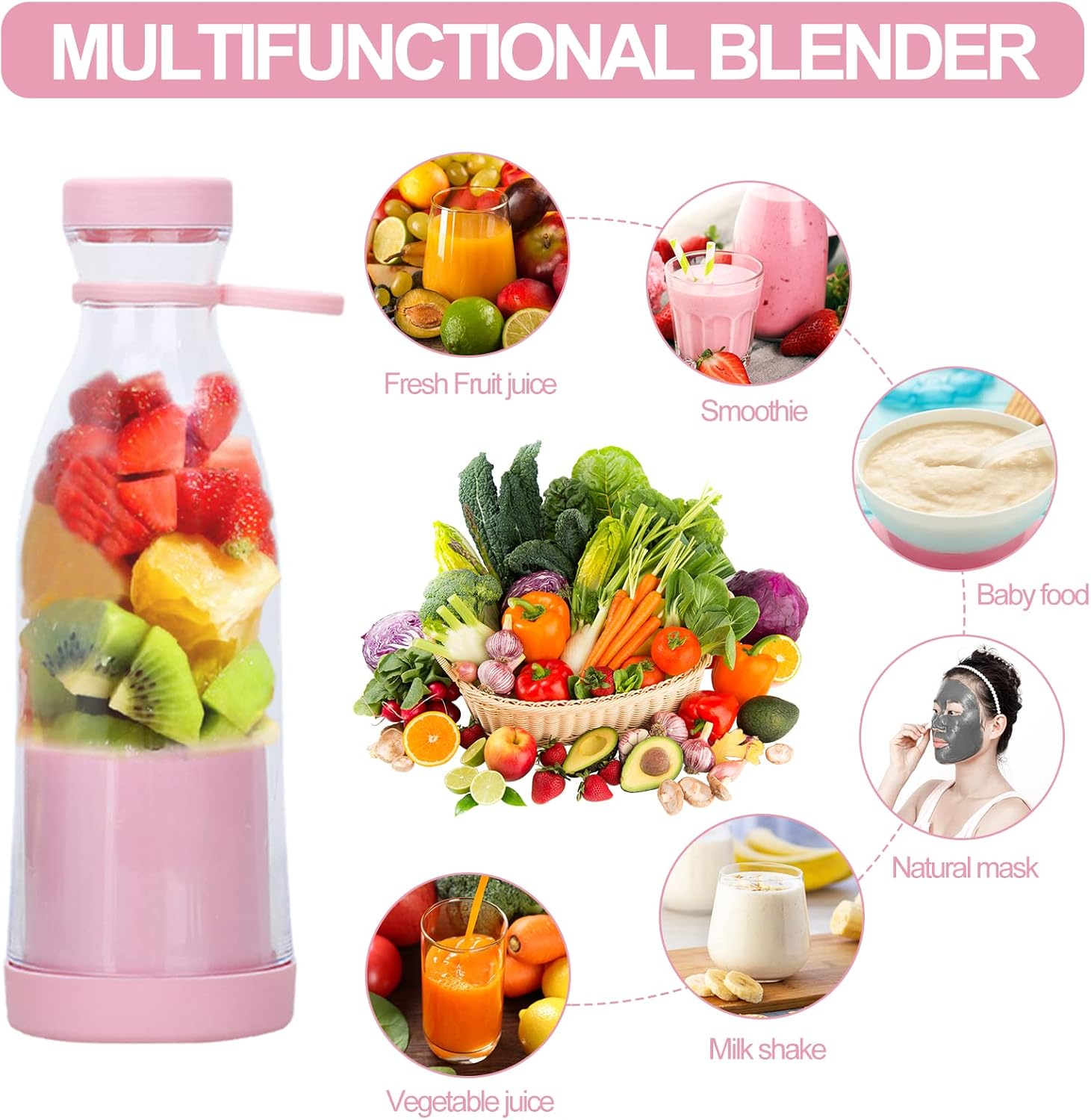 Blender - Mixer Smoothie Maker, 380 ml Rechargeable USB Stand Blender