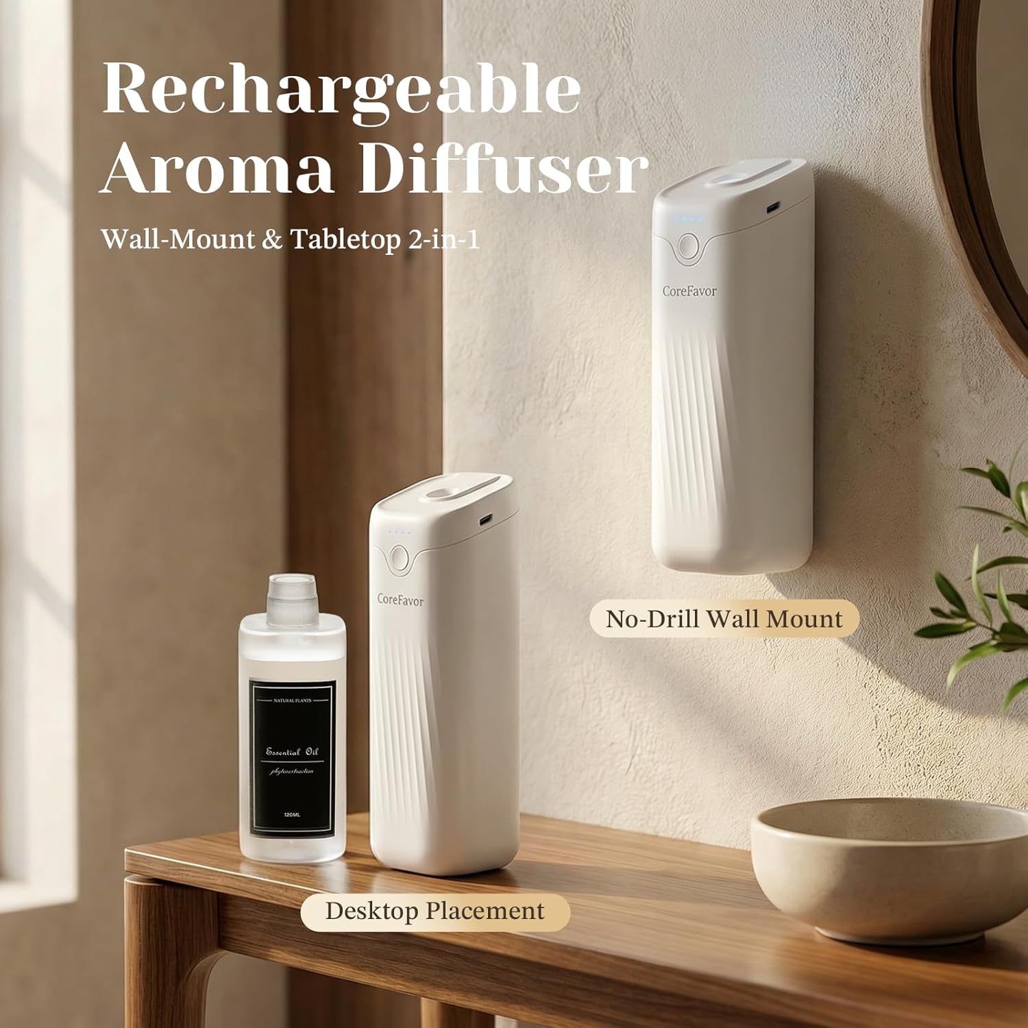 Luxury Wall-Mount Odor Eliminator: Intelligent 4-Speed Rechargeable Essential Oil Diffuser