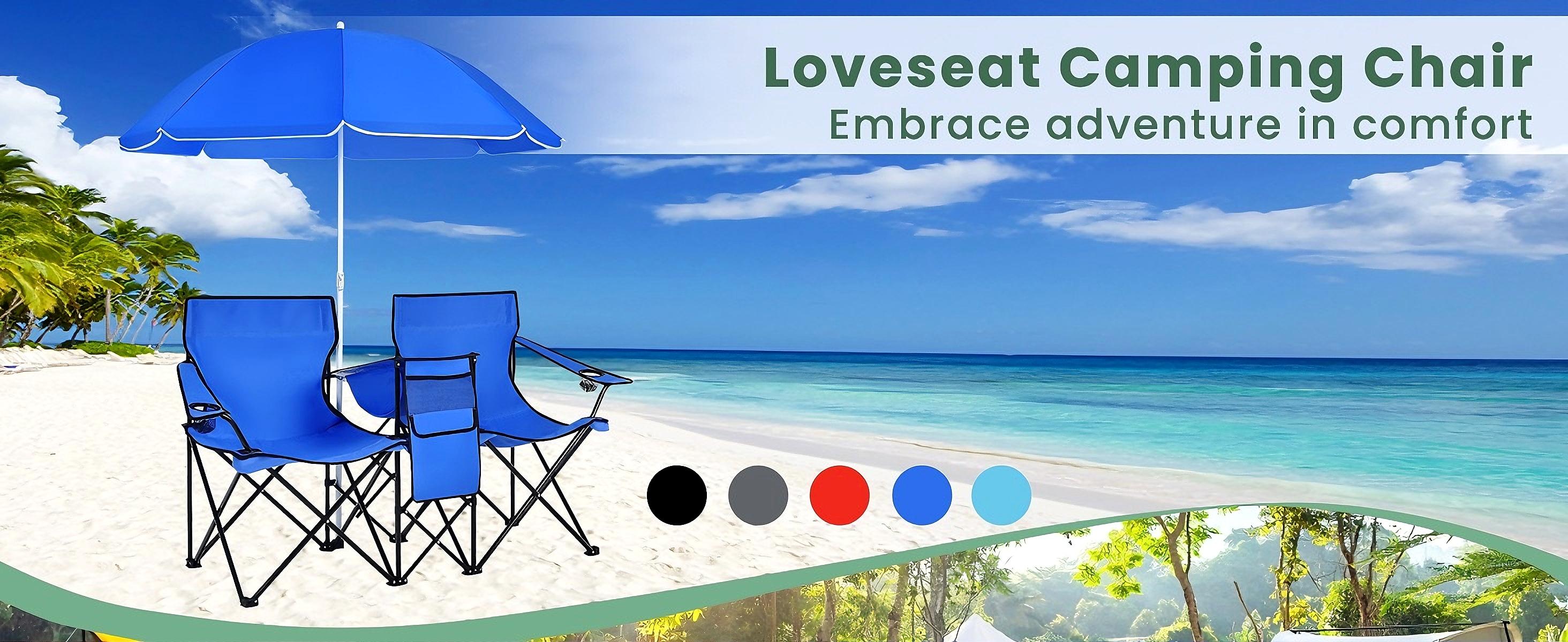 COSTWAY Double Portable Picnic Chairs, Folding Camping Chairs w/Detachable Umbrella, Cooler Bag, Cup Holders, Patio Beach Camping Chairs for Outdoors football baseball season