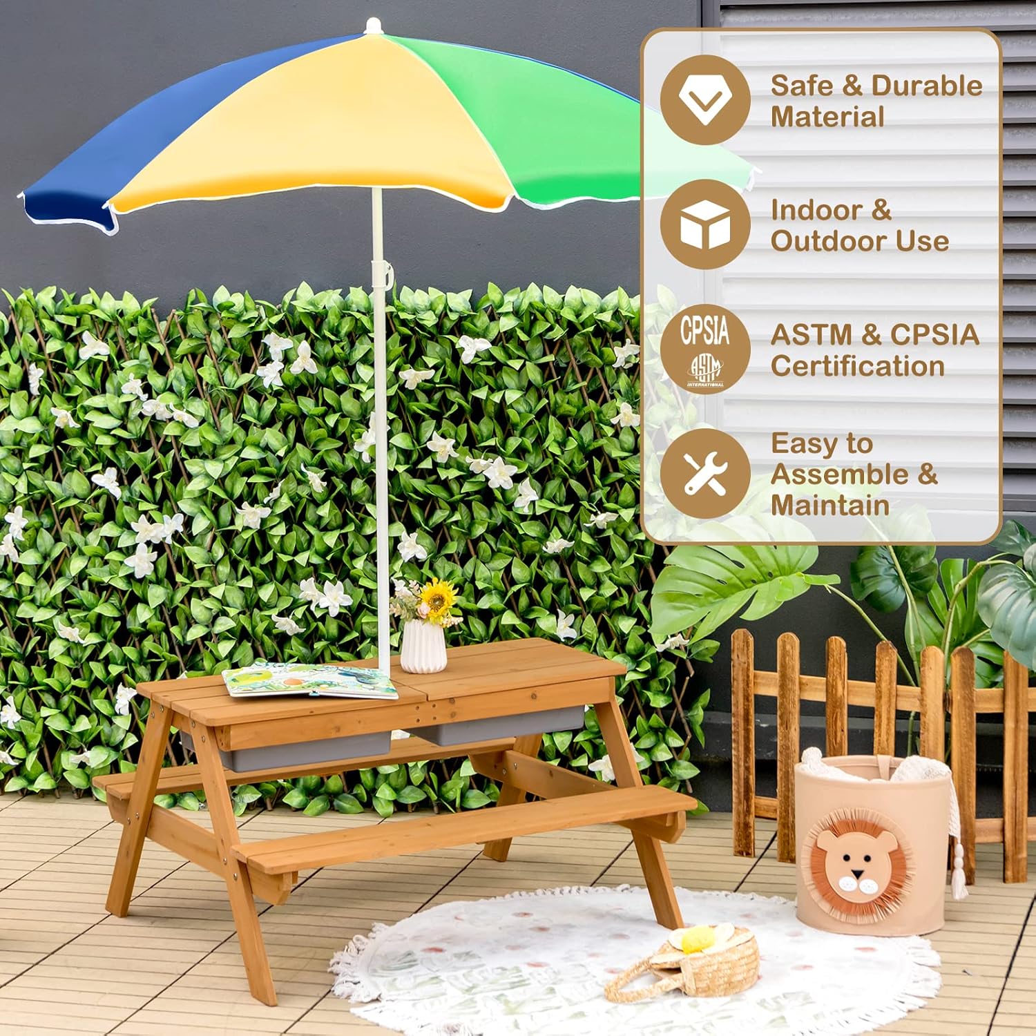 Costzon 4-in-1 Wooden Kids Picnic Table with Sensory Bins and Adjustable Umbrella