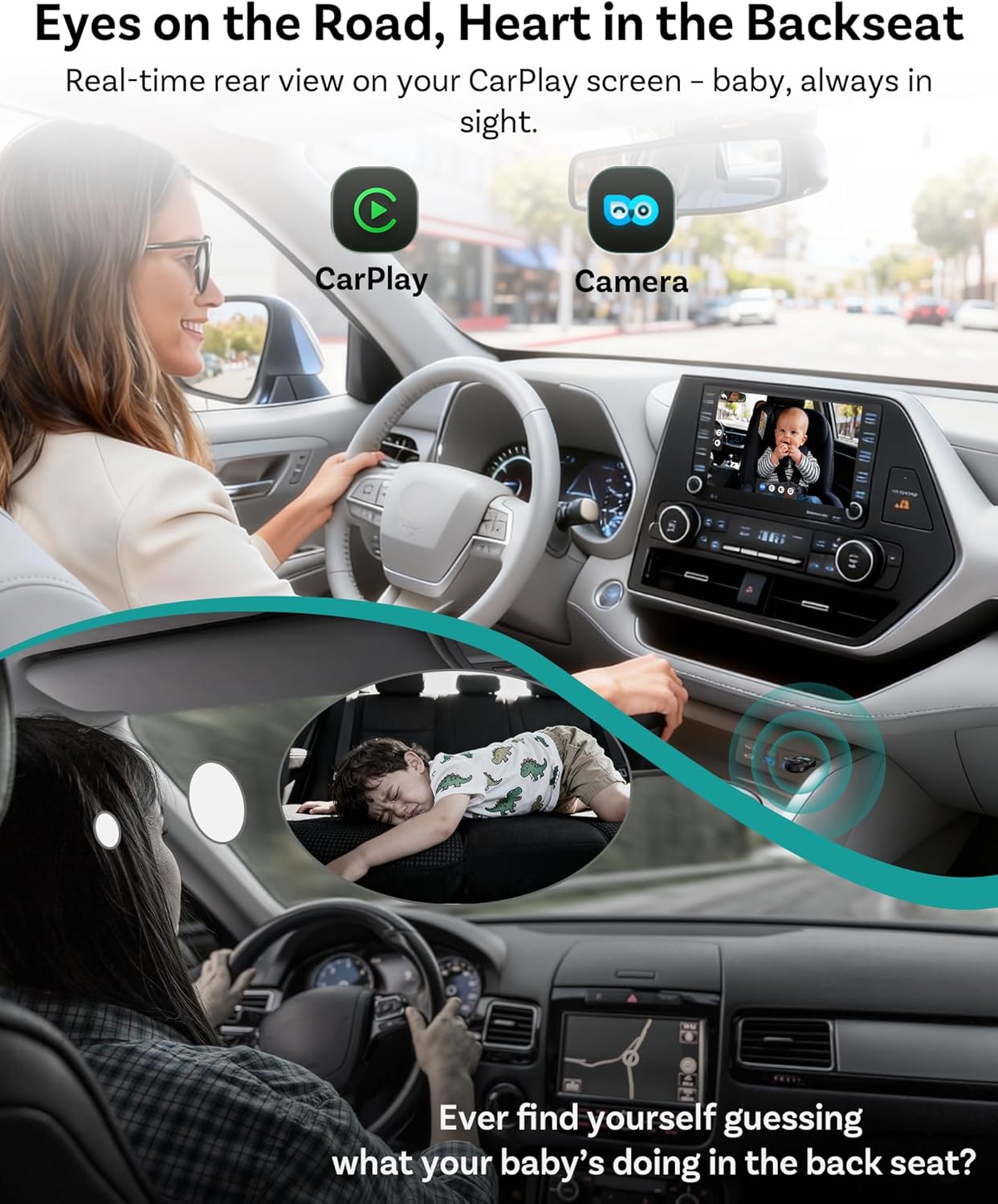  Baby Car Camera &Wireless CarPlay Adapter,1080P HD Rear Seat Monitor Display on Car Screen,150°Wide Angle No-Glow Night View, Safety for Kids & Infants