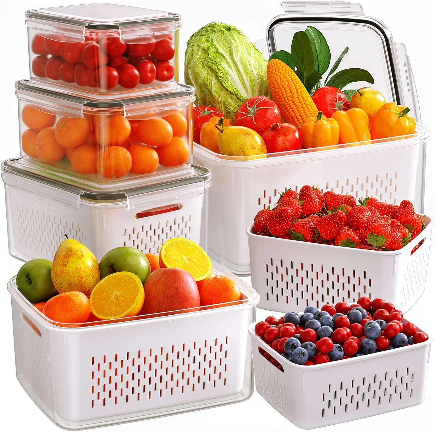 5-Pack Smart Fridge Organizers: 4-in-1 Draining Bins for Fresh Fruit & Veggies ✨