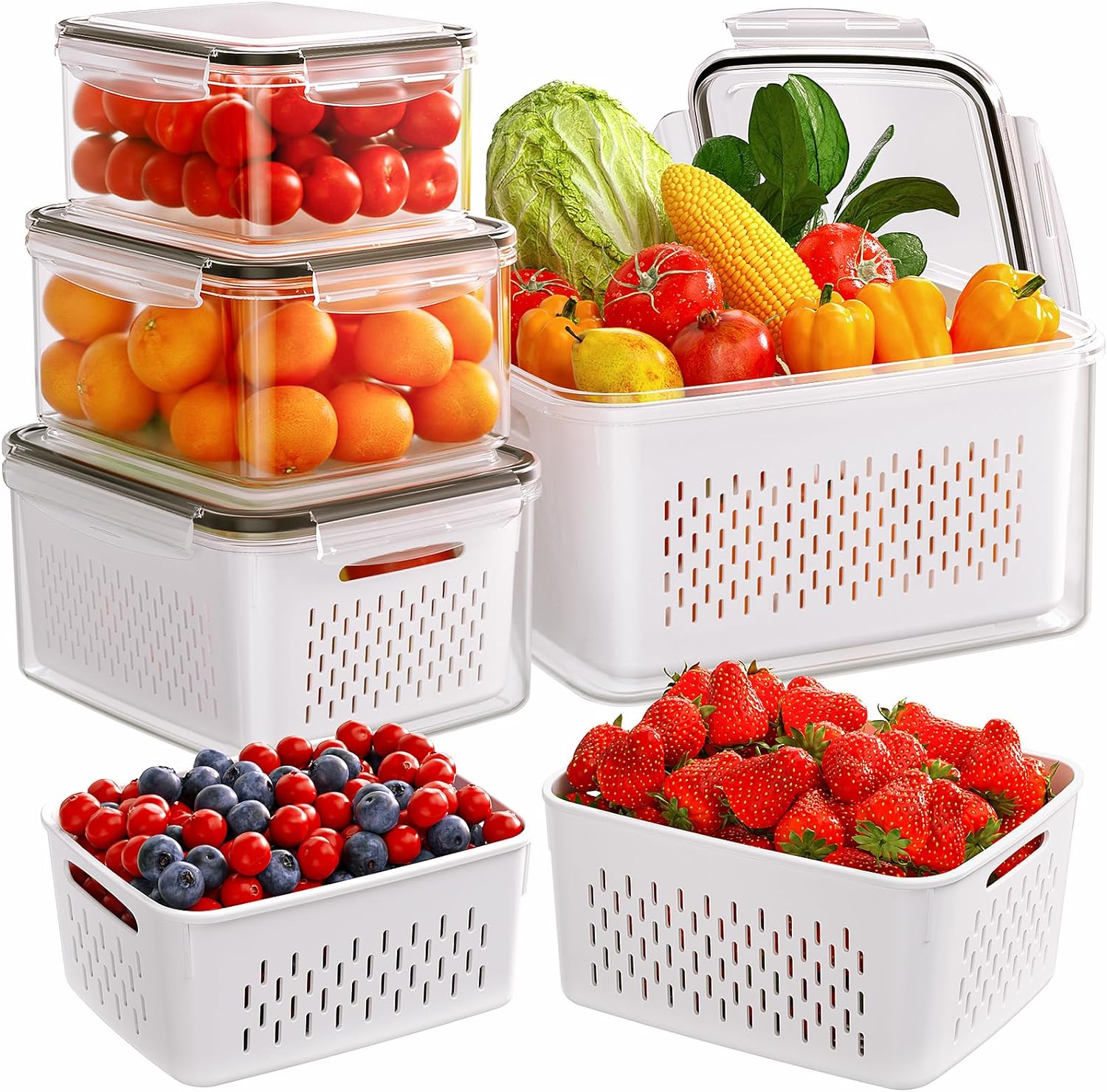 5-Pack Smart Fridge Organizers: 4-in-1 Draining Bins for Fresh Fruit & Veggies ✨