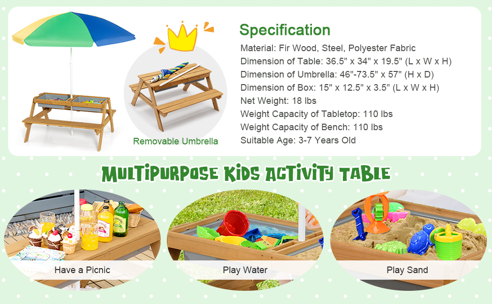 specification of this wood Activity Play Table