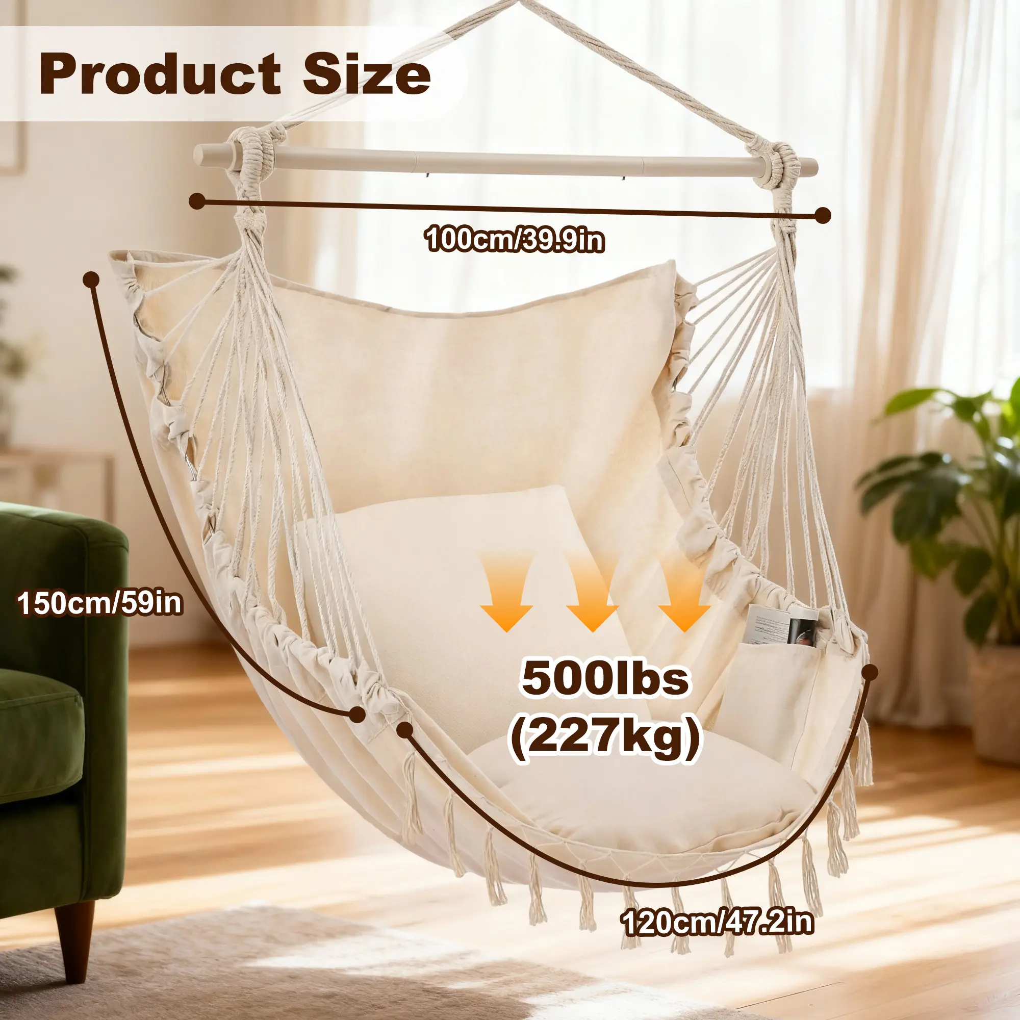 Velvet Cotton Hammock Chair with 2 Cushions - Elegant Fringe Swing for Indoor & Outdoor