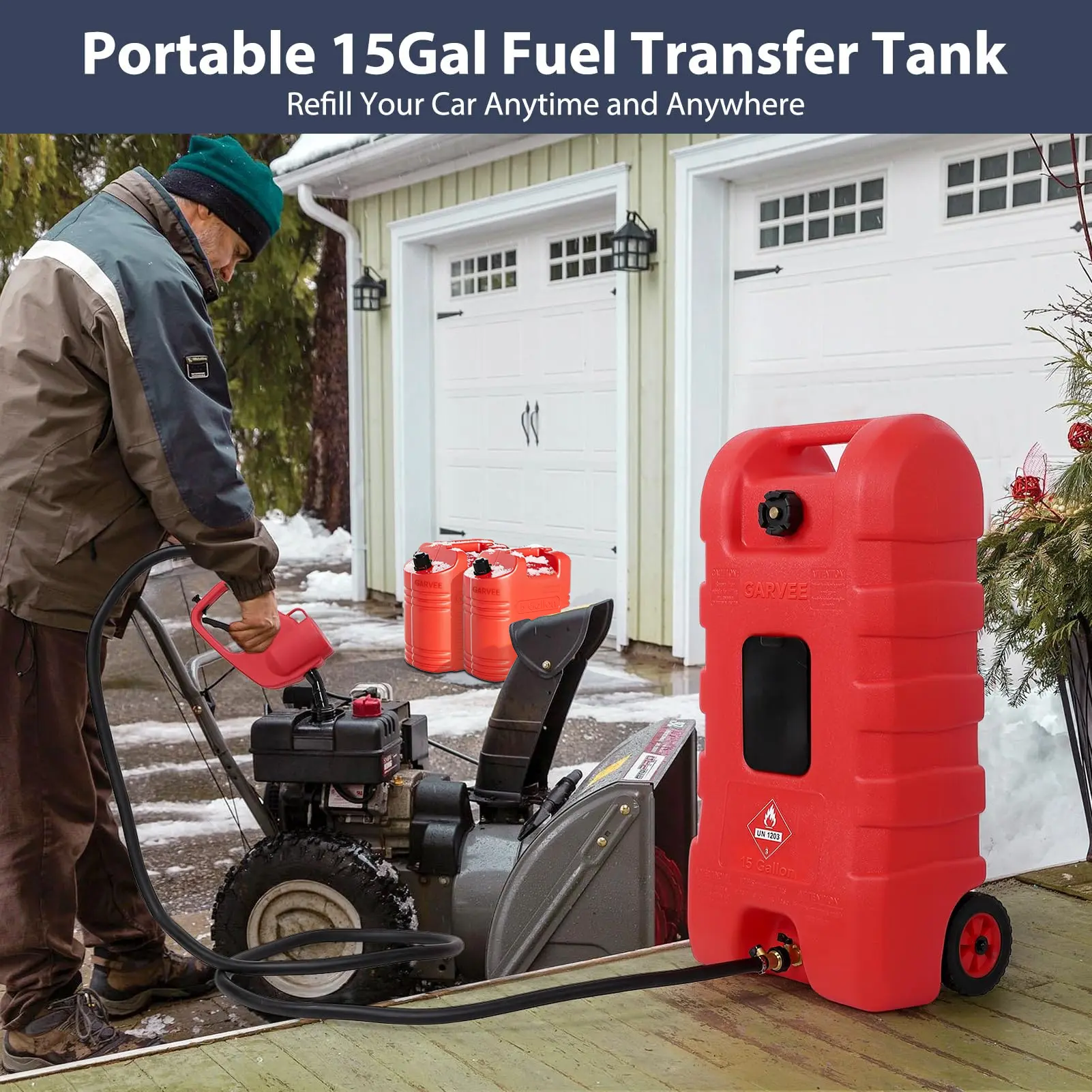 【Fathersdaygift】GARVEE 15 Gallon Portable Fuel Caddy with LE Pump & 10ft Hose for Gasoline Diesel Storage on Wheels for Cars Lawn Mowers ATVs Boats Red Yellow Gray Options - Convenience