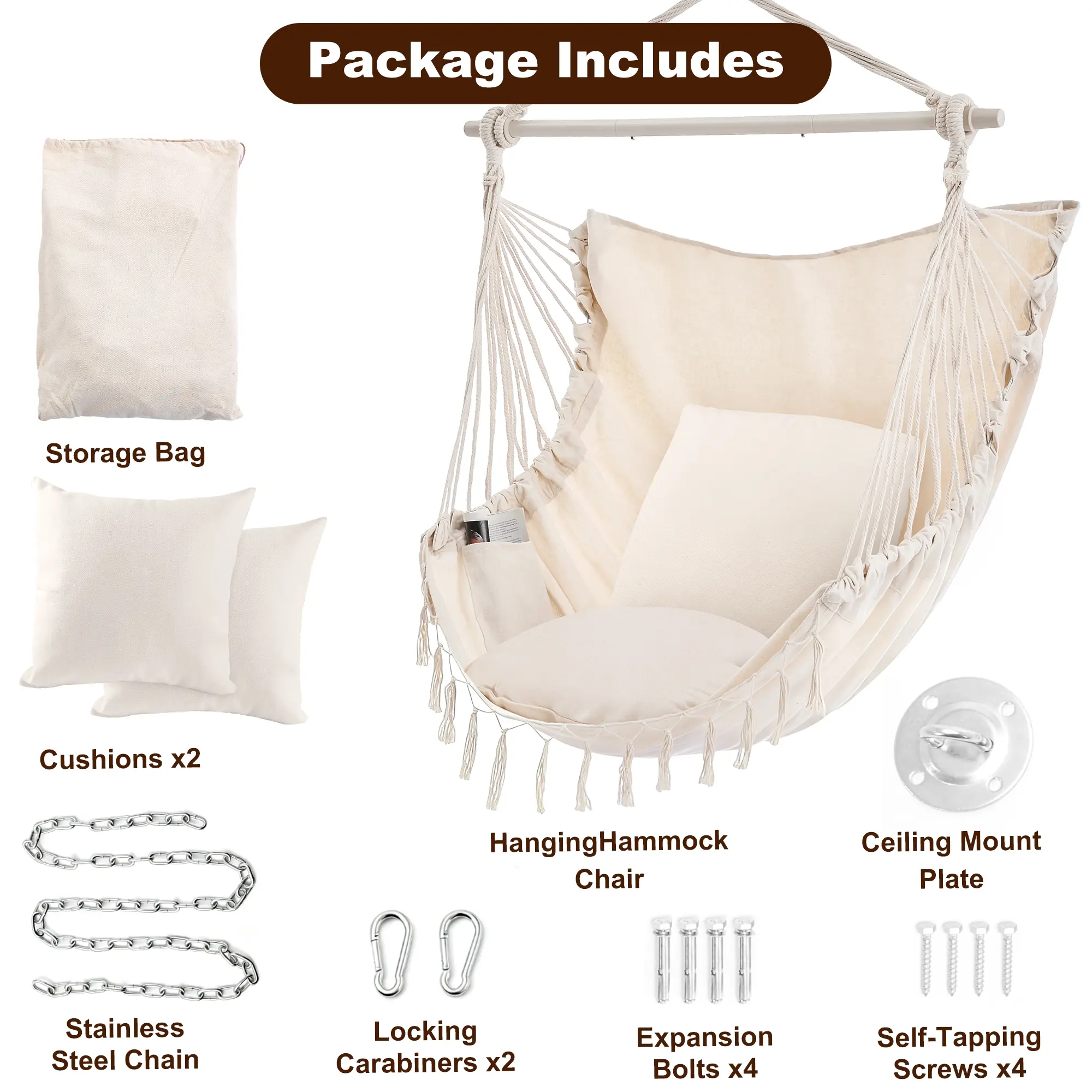 Velvet Cotton Hammock Chair with 2 Cushions - Elegant Fringe Swing for Indoor & Outdoor