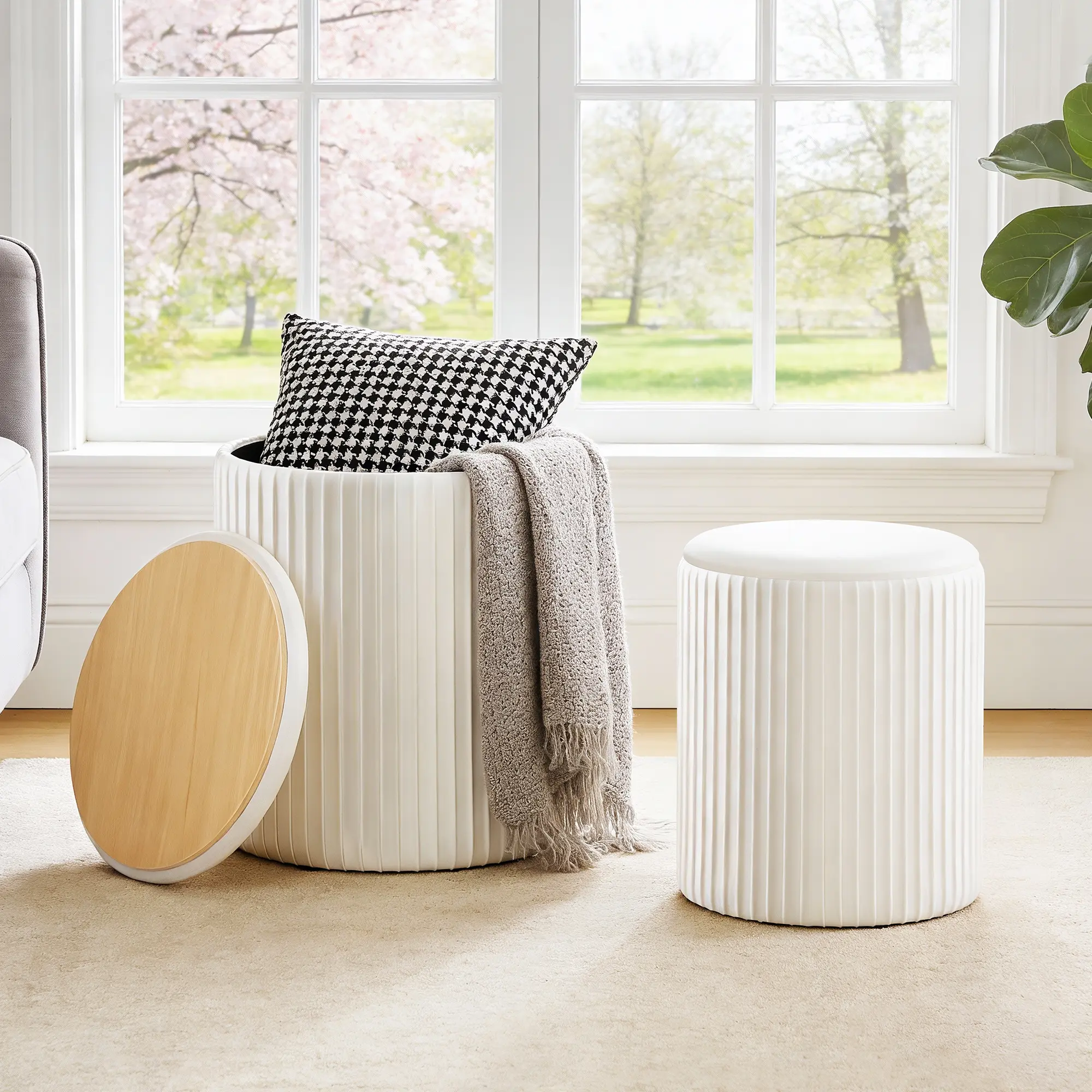 2-in-1 Velvet Storage Ottoman Set - Nesting Vanity Stool & Coffee Table Footrest