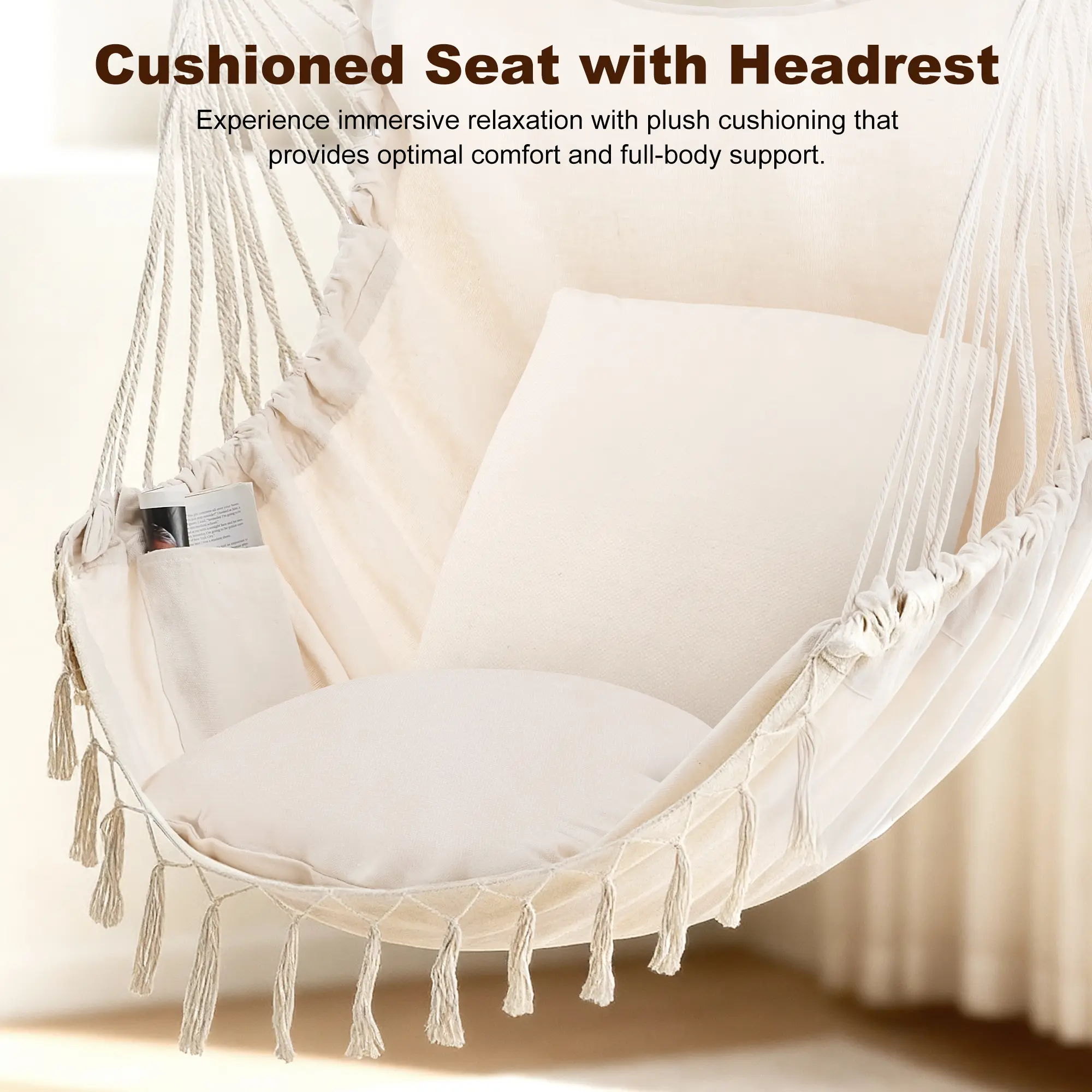 Velvet Cotton Hammock Chair with 2 Cushions - Elegant Fringe Swing for Indoor & Outdoor