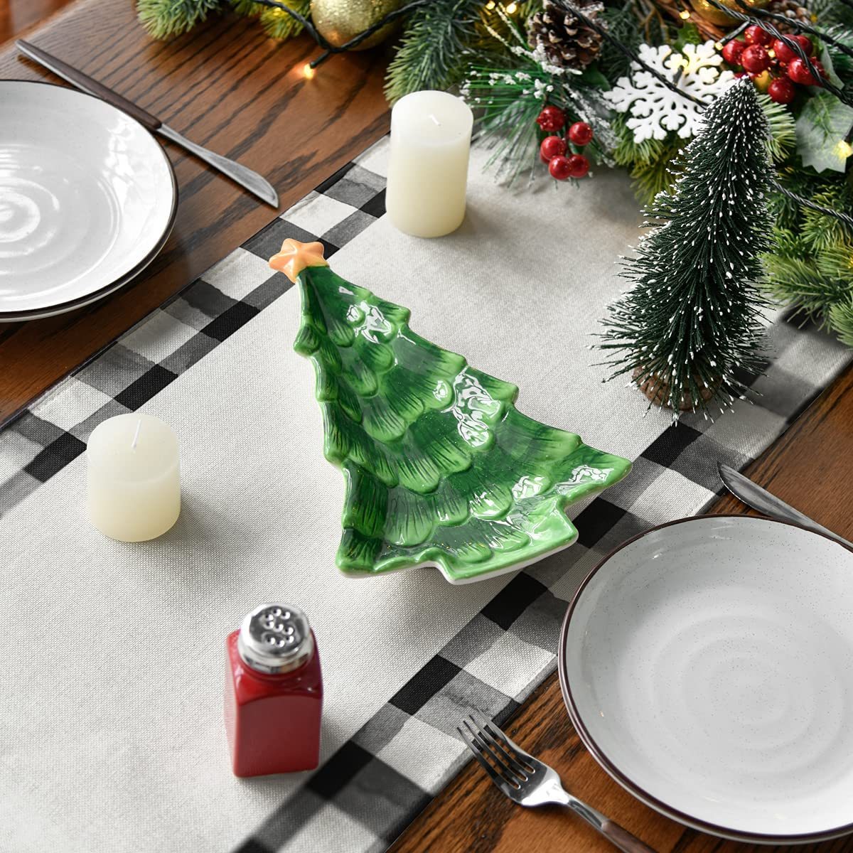 Watercolor Buffalo Plaid Christmas Trees Merry Xmas Table Runner