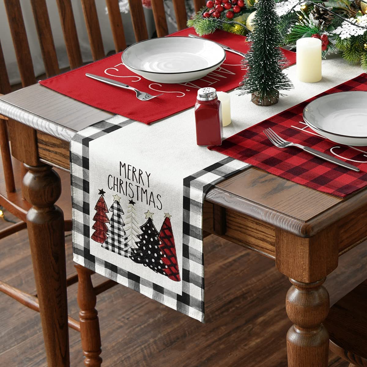 Watercolor Buffalo Plaid Christmas Trees Merry Xmas Table Runner