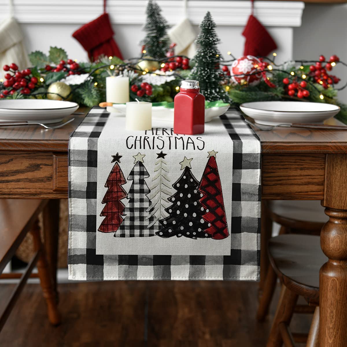 Watercolor Buffalo Plaid Christmas Trees Merry Xmas Table Runner