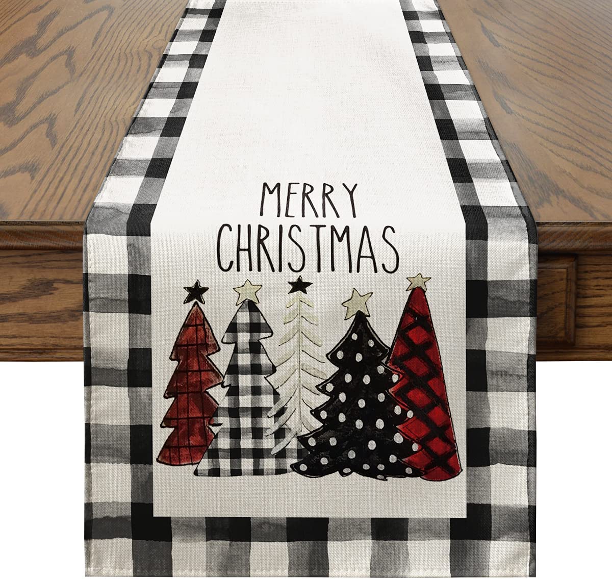 Watercolor Buffalo Plaid Christmas Trees Merry Xmas Table Runner