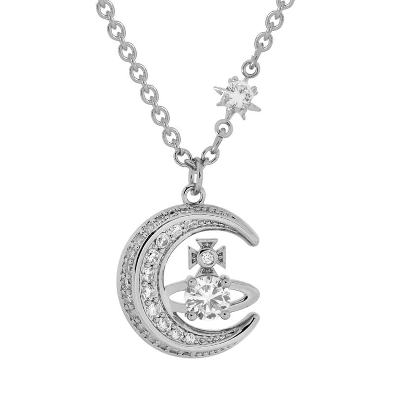 Double Row Diamond Moon Zirconia Saturn Necklace
