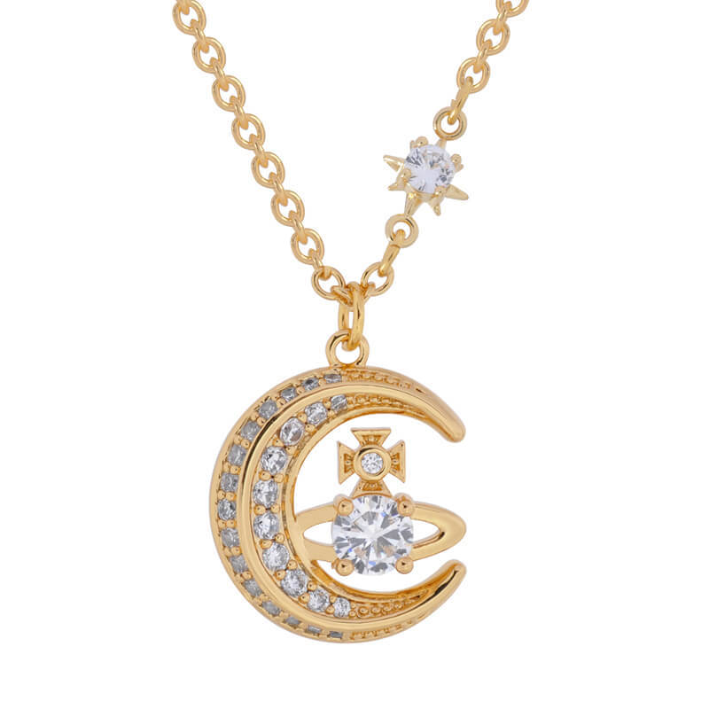Double Row Diamond Moon Zirconia Saturn Necklace