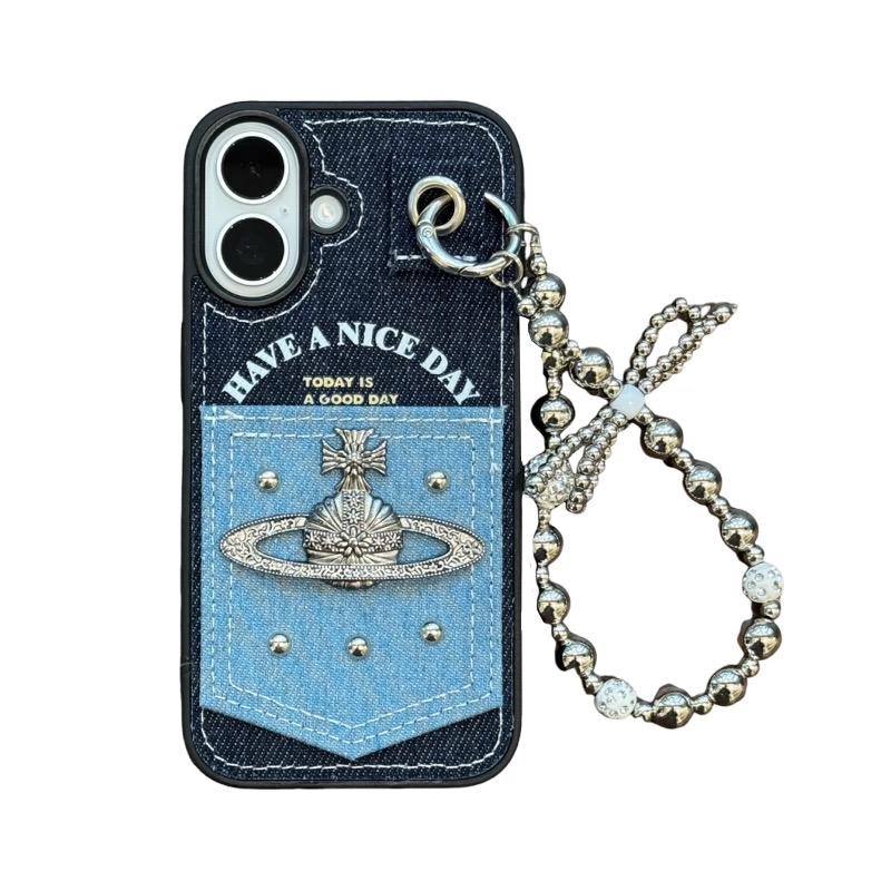 Denim Saturn Phone Case With Chain