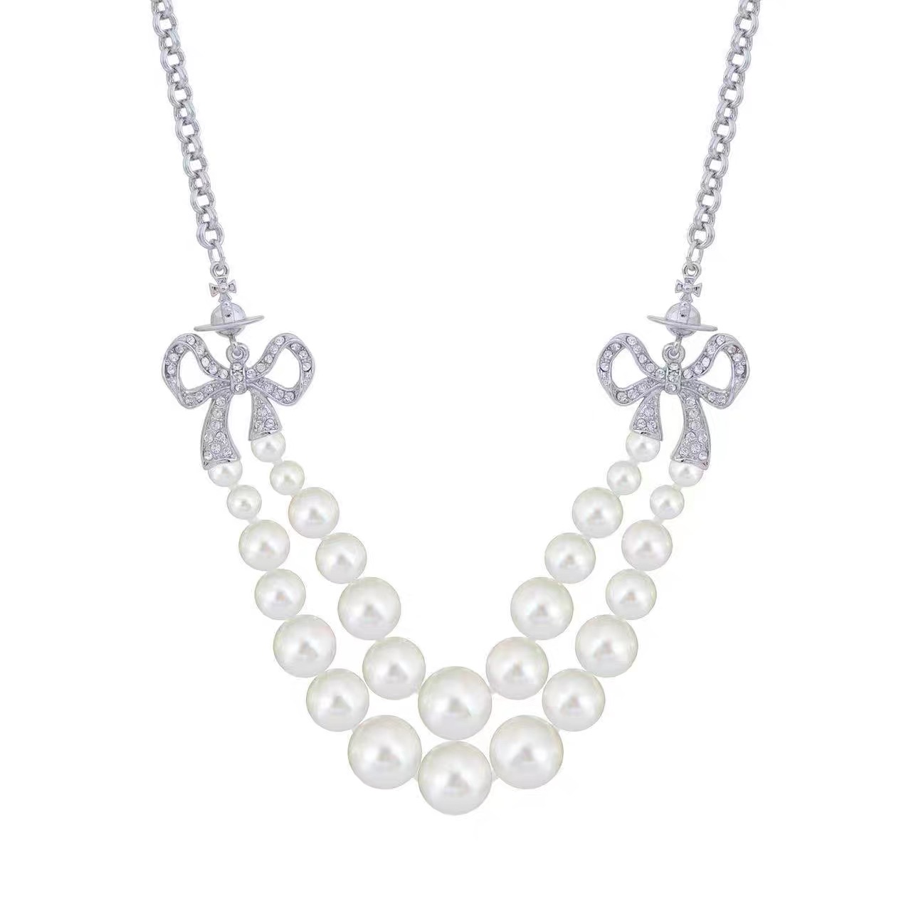 Double Ribbon Pearl Necklace