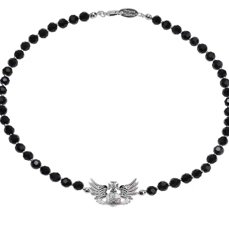 Black Crystal Wings Saturn Necklace