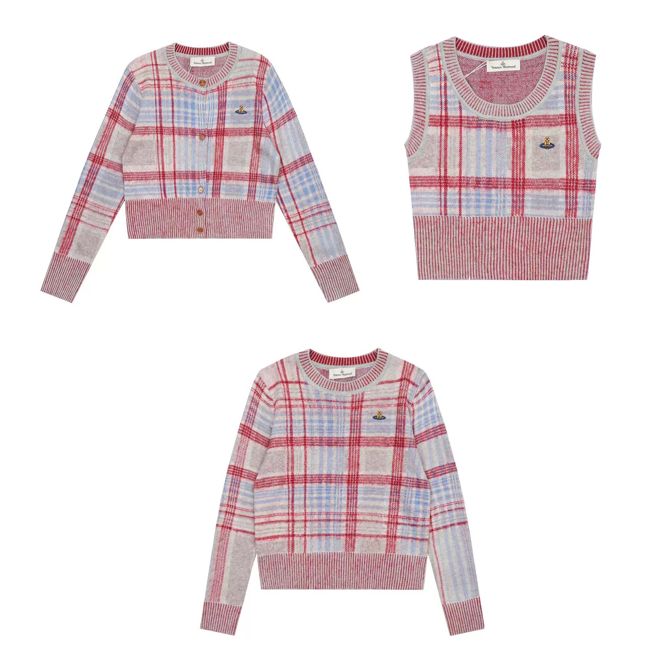 3 Styles Red Madras Check Cotton-Blend Tops