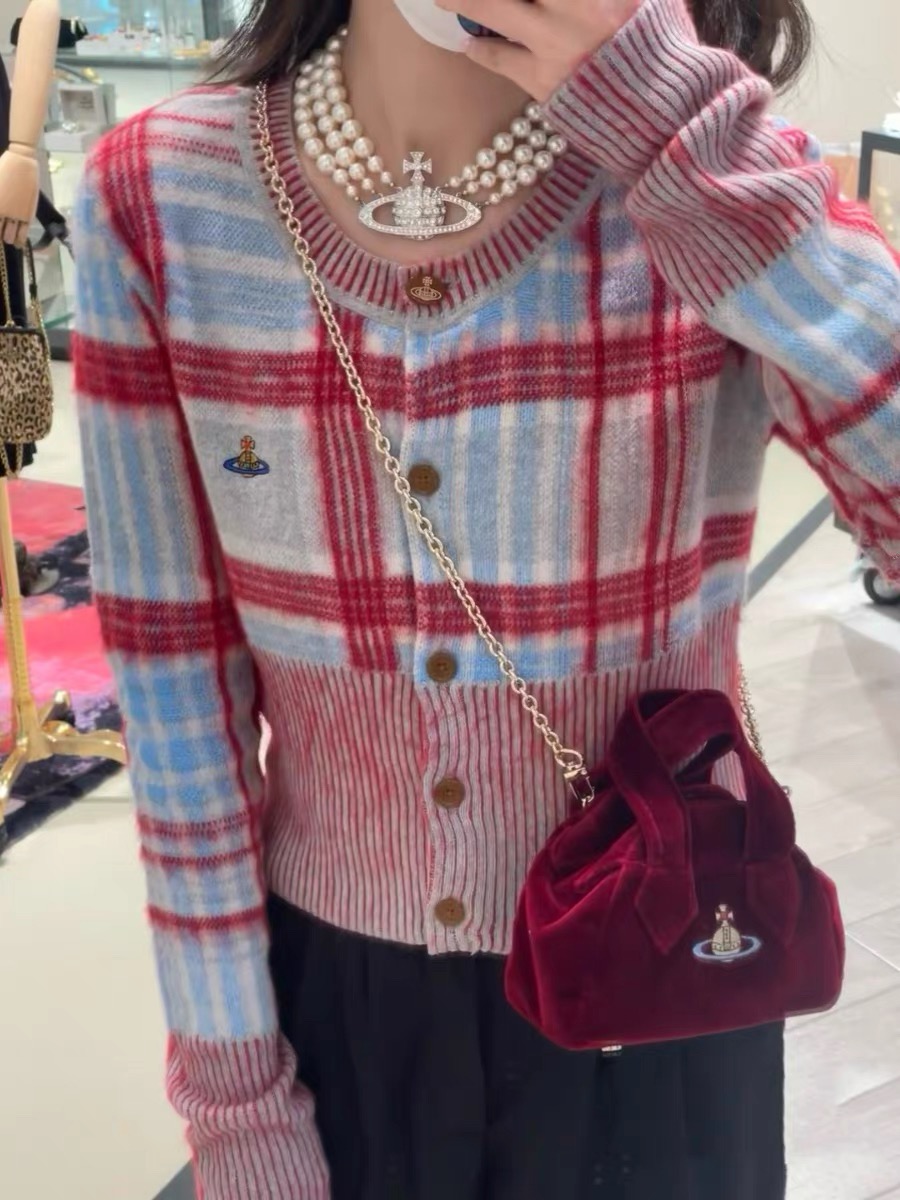 Women's Red Madras Check Cotton-blend Cardigan