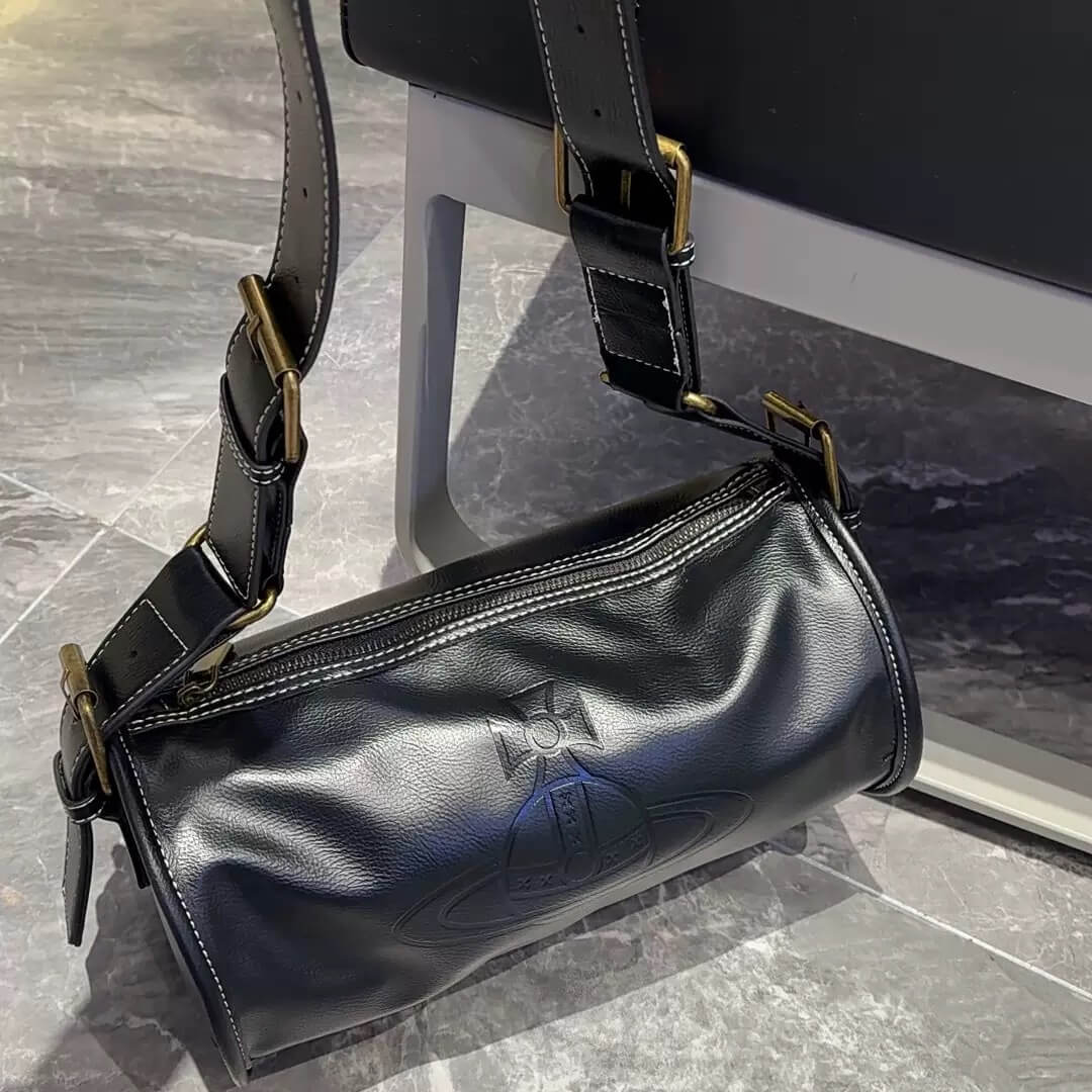 Black Leather Saturn Crossbody Bag