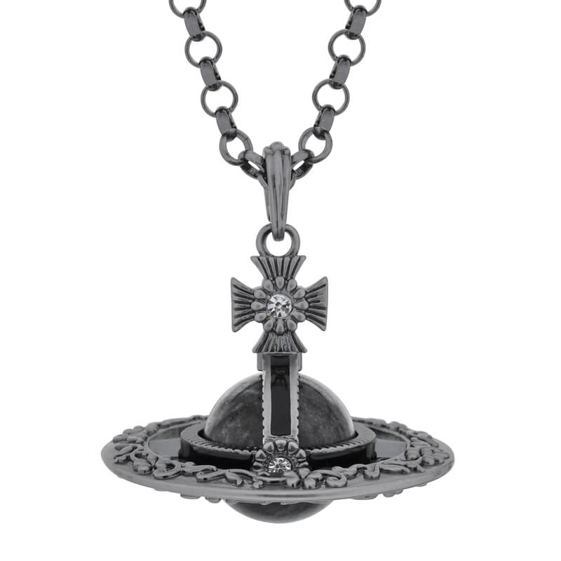 Antique Silver Engraved Crystal Ball Saturn Necklace