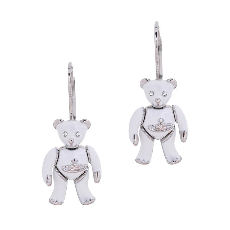 Cubic White Lacquered Movable Bear Earrings