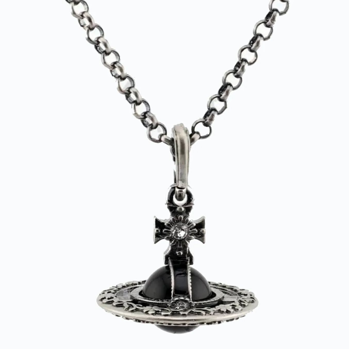 Antique Silver ORB Engraved Crystal Ball Saturn Necklace