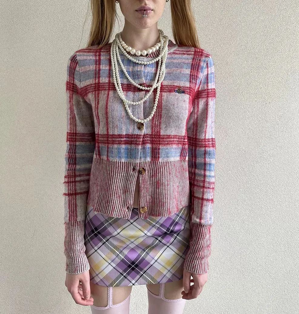 Women's Red Madras Check Cotton-blend Cardigan