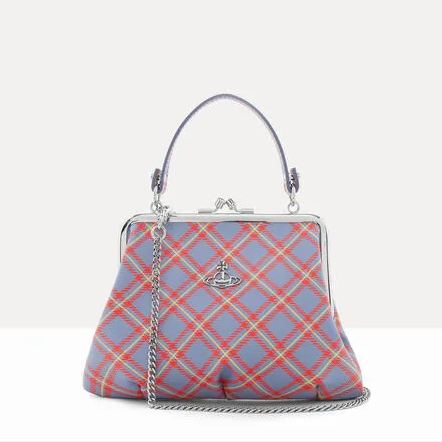 NEW-Blue Pink Plaid Granny Frame Purse