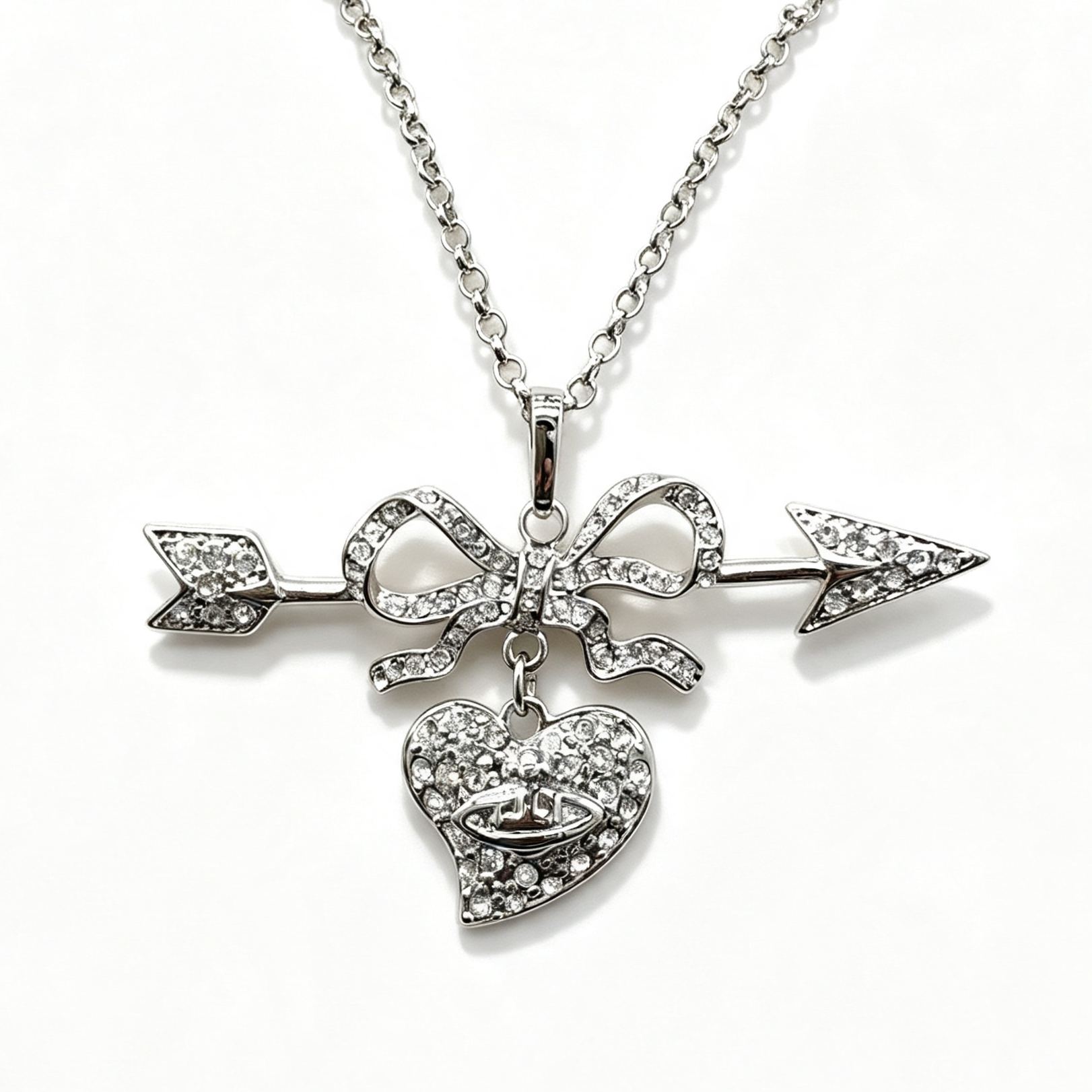 Full Diamonds Arrow Piercing The Heart Necklace