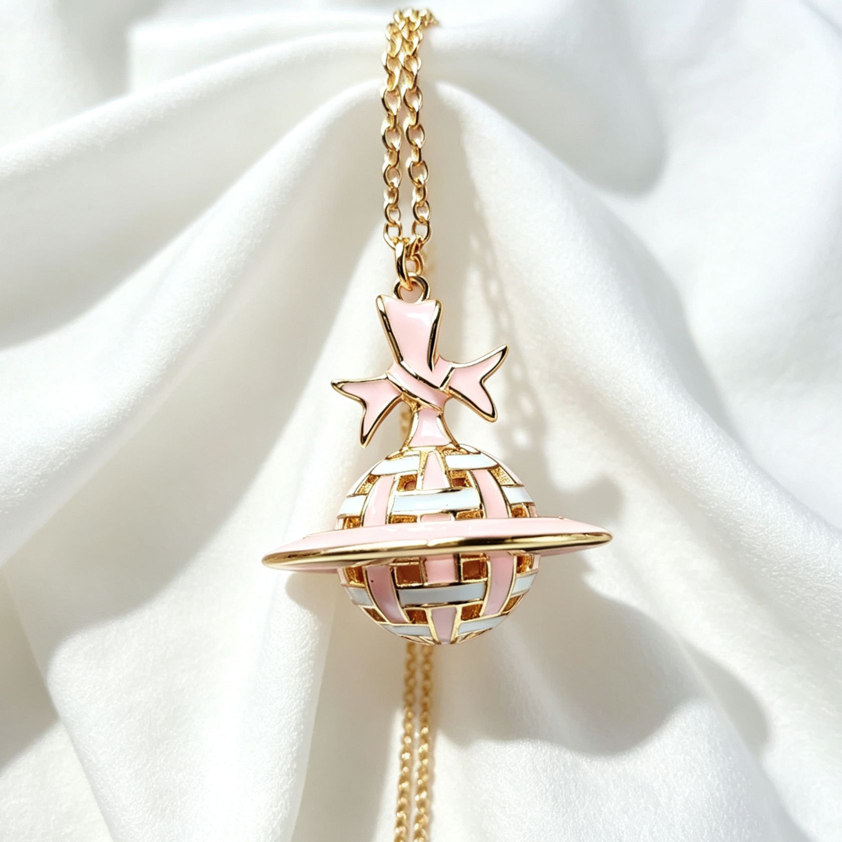 3 Colors RIBBON Plait Orb Saturn Necklace