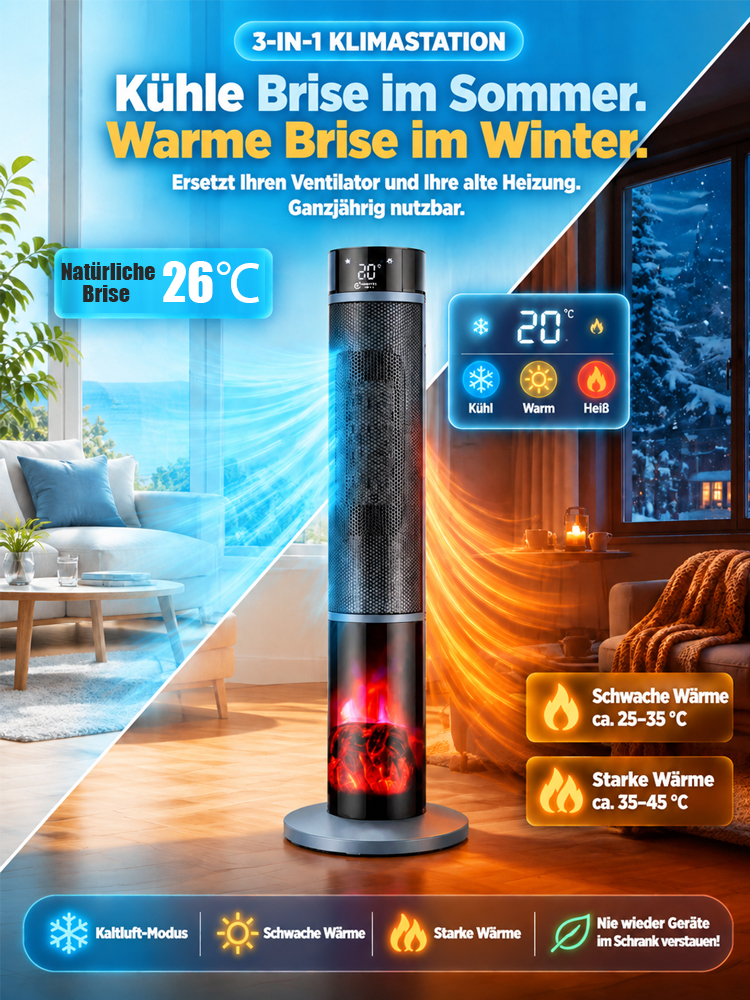 [1 Sekunde schnelles Aufheizen] Dreistufig einstellbare, großflächige 3D-Flammen-Raumheizung