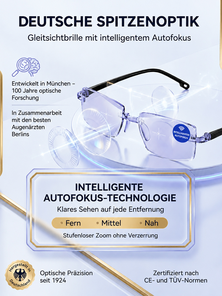 0,01 s Auto-Fokus Gleitsichtbrille | +1,00–+7,00 dpt stufenlos für Lesen & Fahren