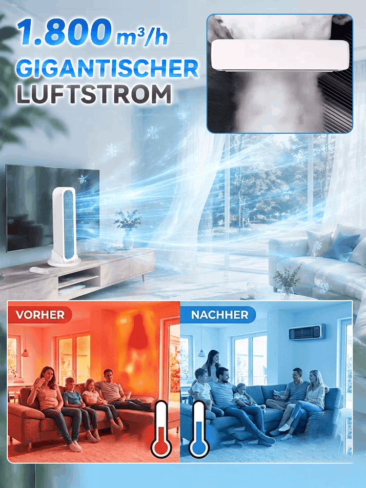 90 Sek. Raumkühlung: 2-in-1 Turm- und Klimaventilator, stehend und liegend nutzbar