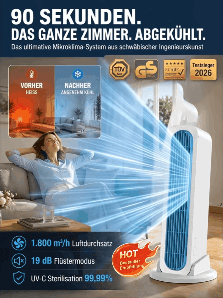 90 Sek. Raumkühlung: 2-in-1 Turm- und Klimaventilator, stehend und liegend nutzbar