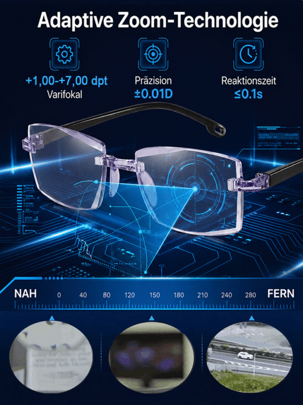 0,01 s Auto-Fokus Gleitsichtbrille | +1,00–+7,00 dpt stufenlos für Lesen & Fahren
