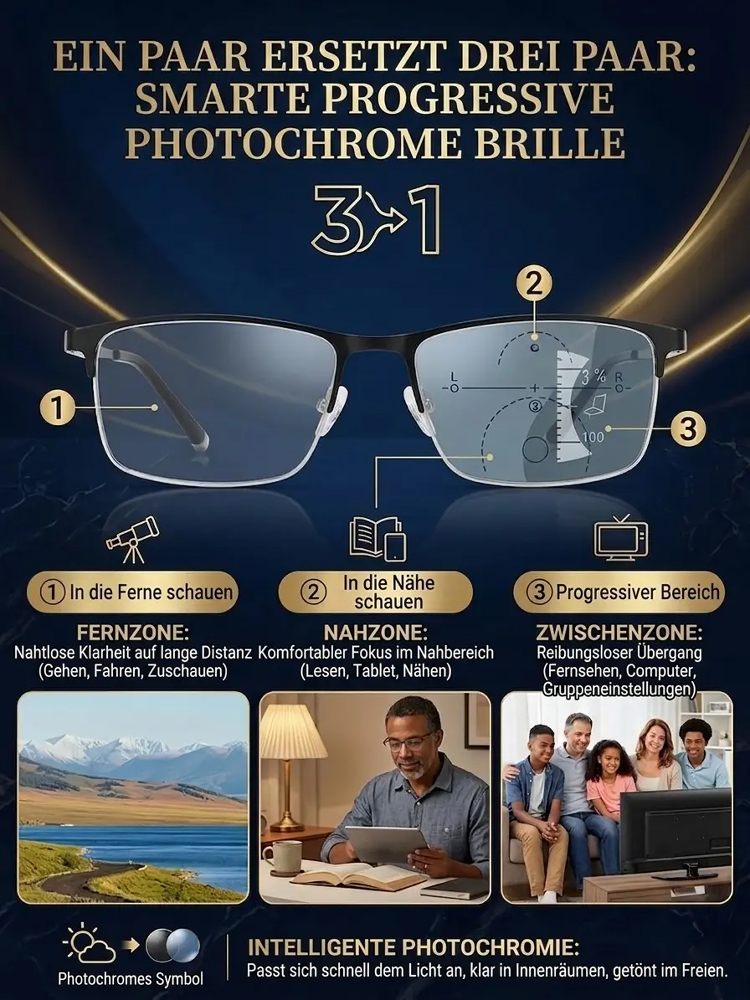 Adaptiv getönte Lesebrille mit Lichtanpassung – Drei Brillen in einer