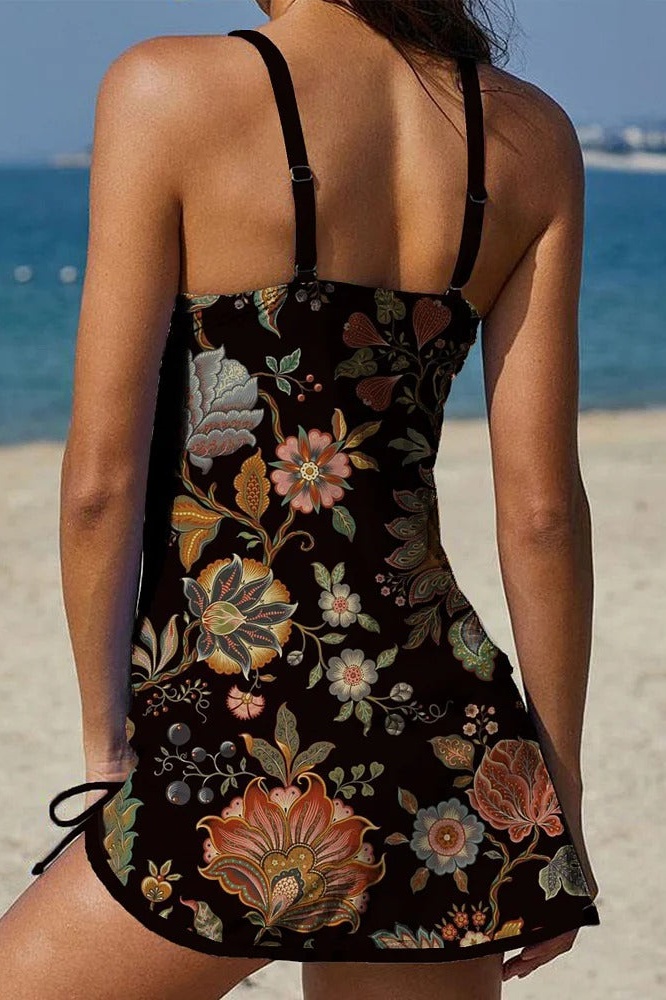 Multicolor Retro Floral Print Pleated Tankini Pantskirt Set