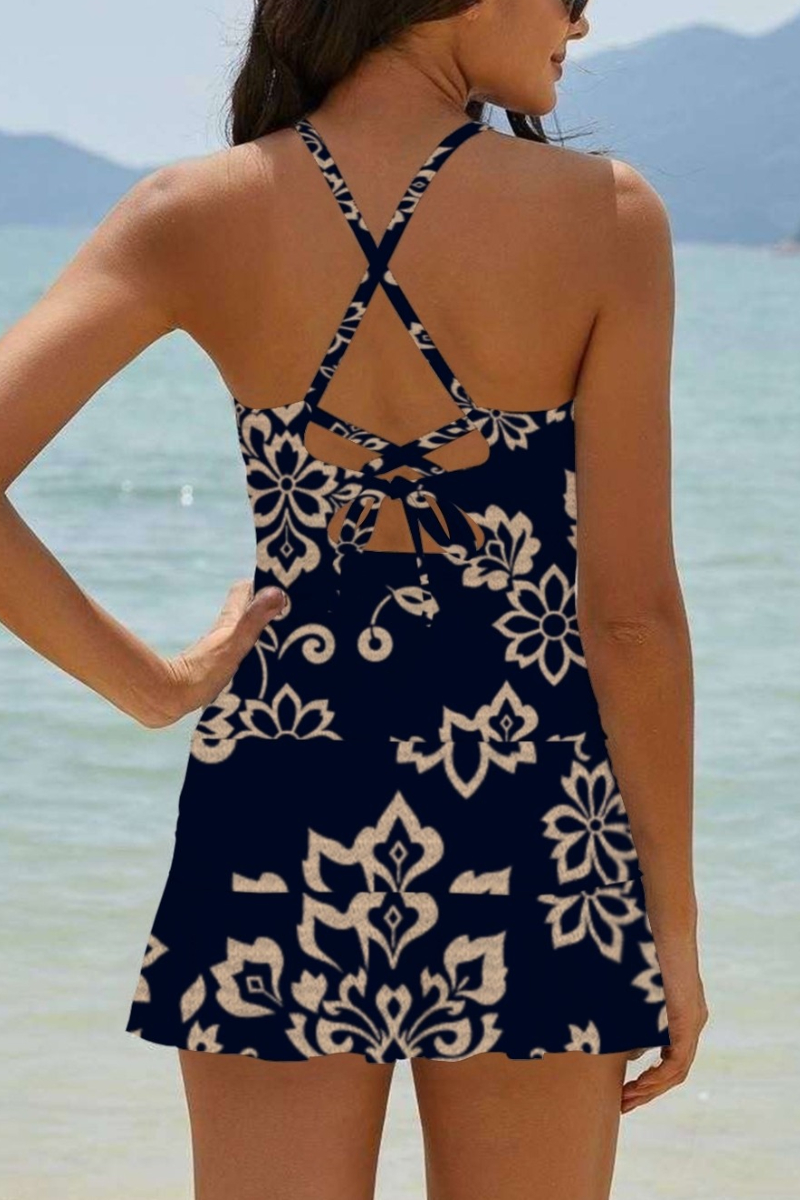 Navy Retro Pattern Crossback Strappy Tankini Set