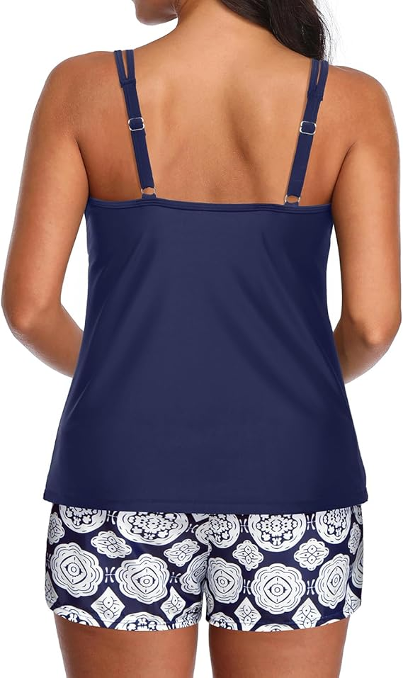 Two Piece Tankini Swimsuits for Women Tummy Control Bathing Suit with Shorts Athletic Two Side Pockets Swimwear